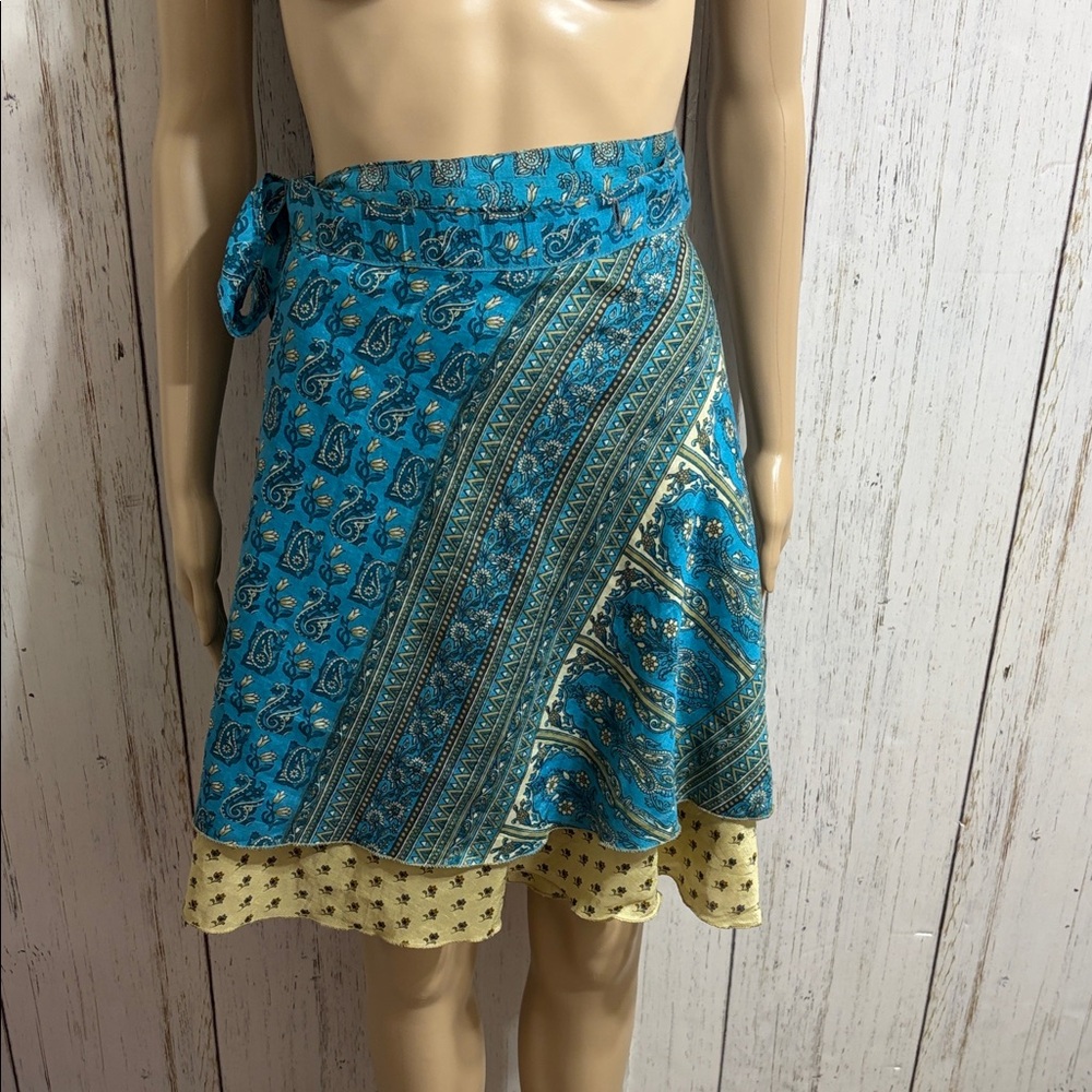 Handmade Blue and Yellow Patterned Wrap Skirt OS